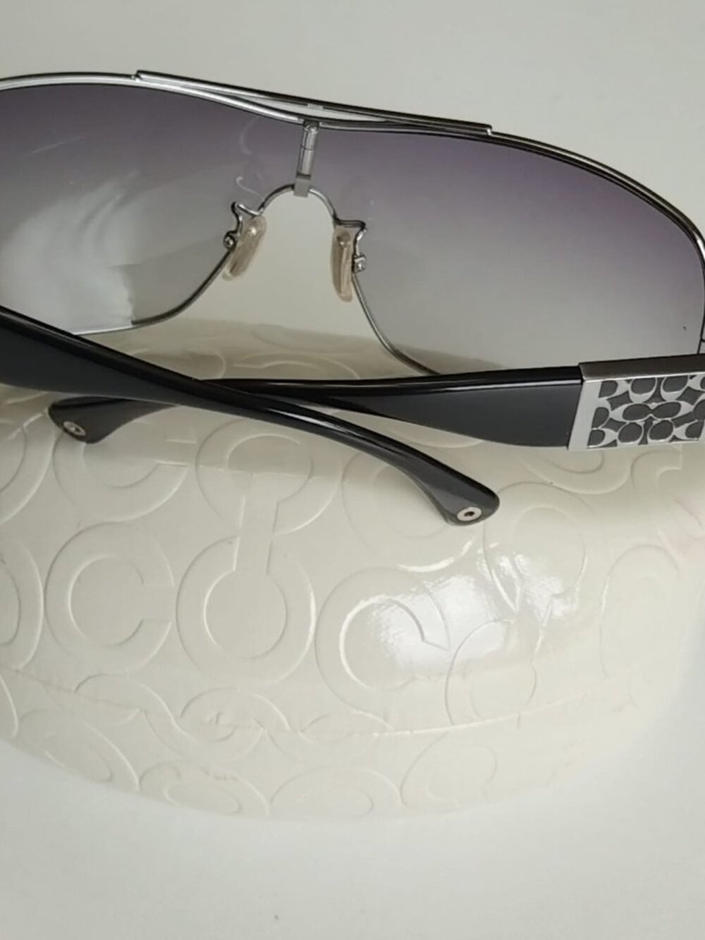 Coach Hazel S563 Black Shield Sunglasses Silver CC Logo Hinge Case Included - Picture 12 of 15